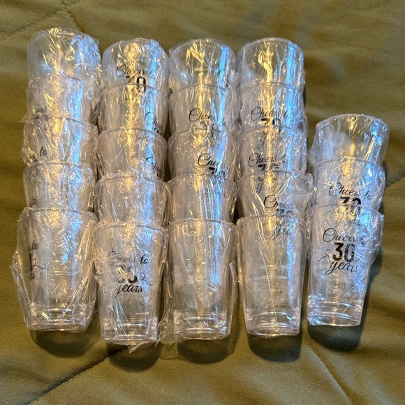 Other - Clear Plastic Shot Glasses with “Cheers To 30 Years”